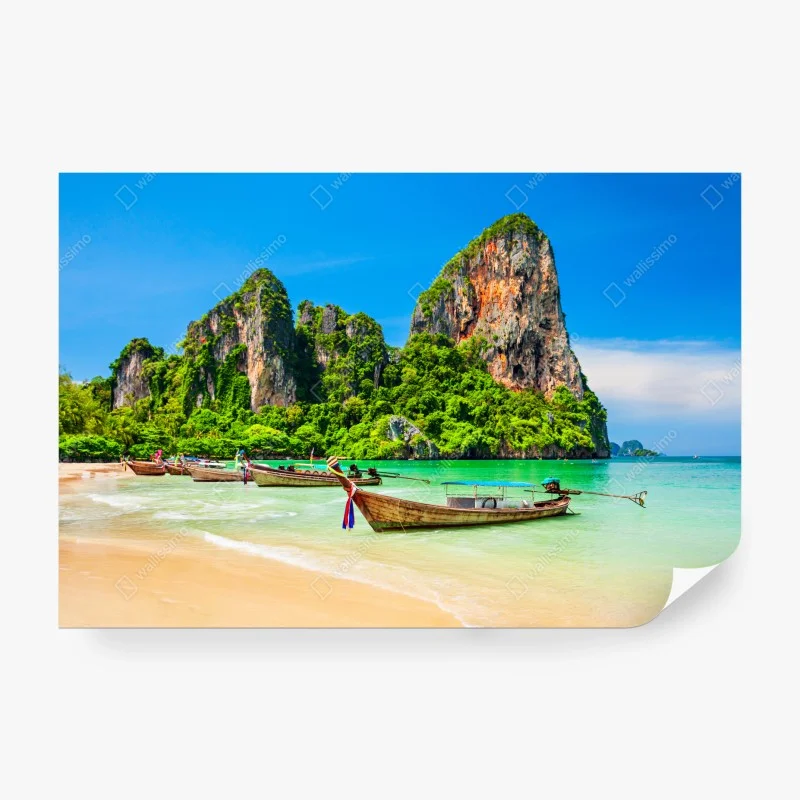 Fototapete longtail-boote an einem tropischen strand, Thailand