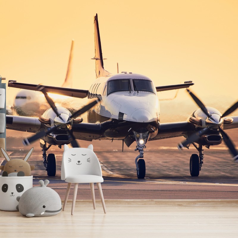 Fototapete zweimotoriges turboprop auf dem goldenen flugfeld – Wallnifity®