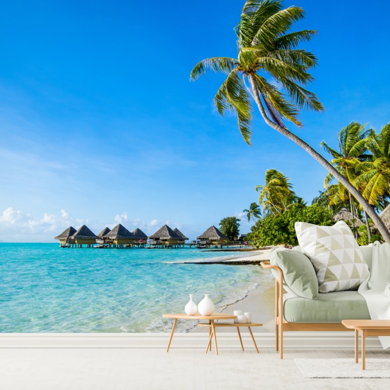 Fototapete tropischer türkisfarbener strand mit palmen – Wallnifity®