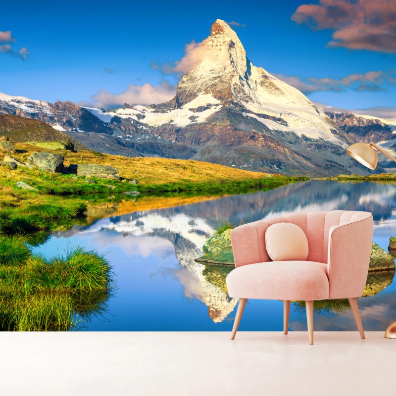 Fototapete majestätisches Matterhorn gespiegelt im alpensee – Wallnifity®