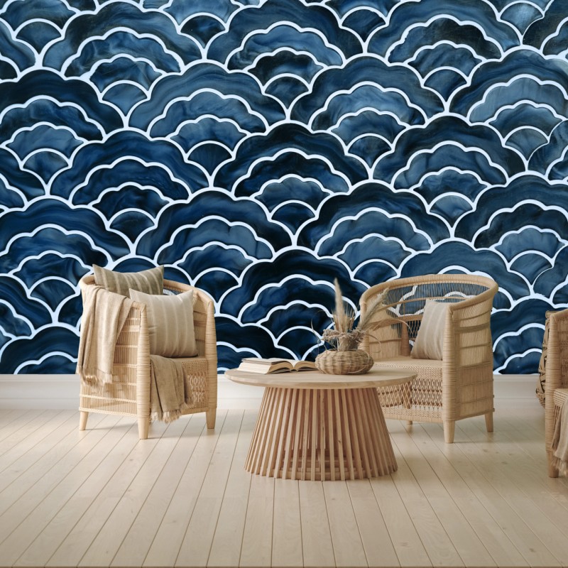 Fototapete japanisches blaues seigaiha-wellenmuster – Wallnifity®