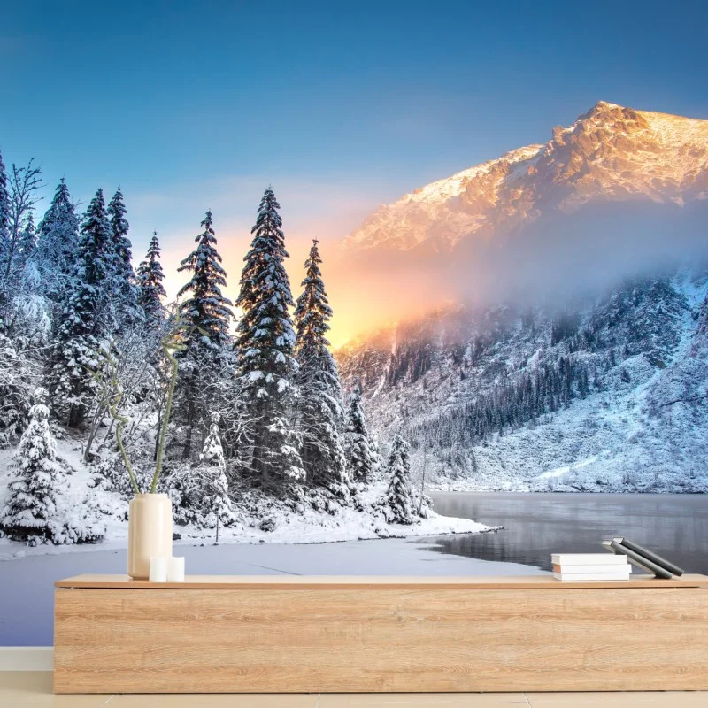 Fototapete wintermorgen über dem verschneiten bergsee