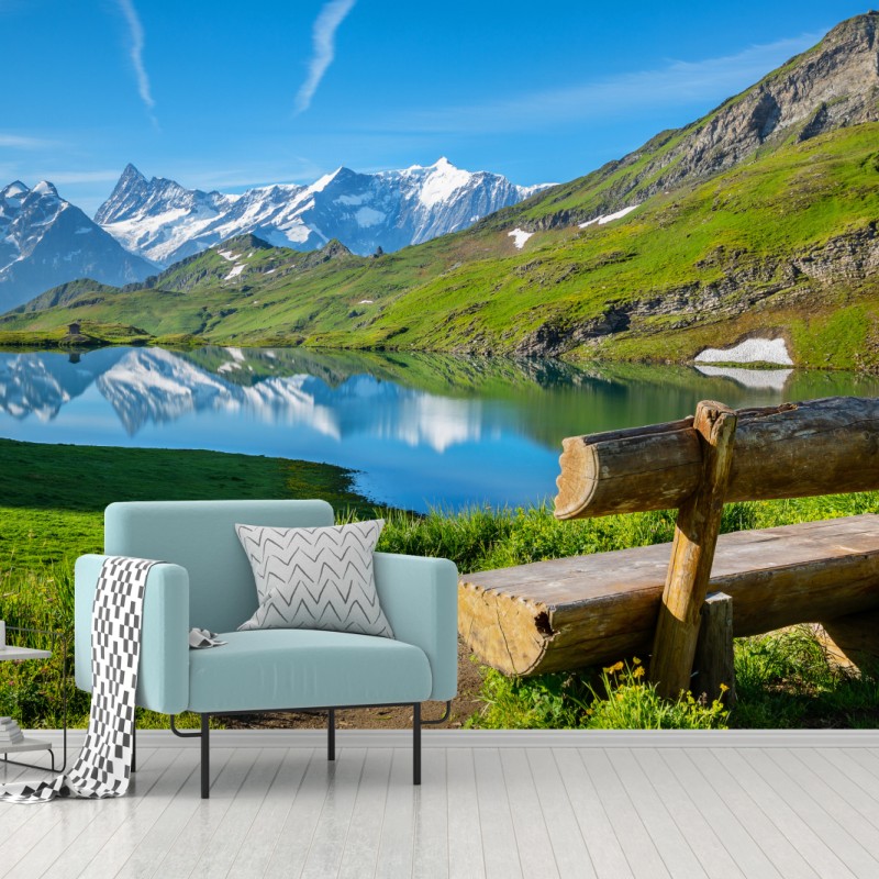 Fototapete alpensee mit hölzerner bank – Wallnifity®