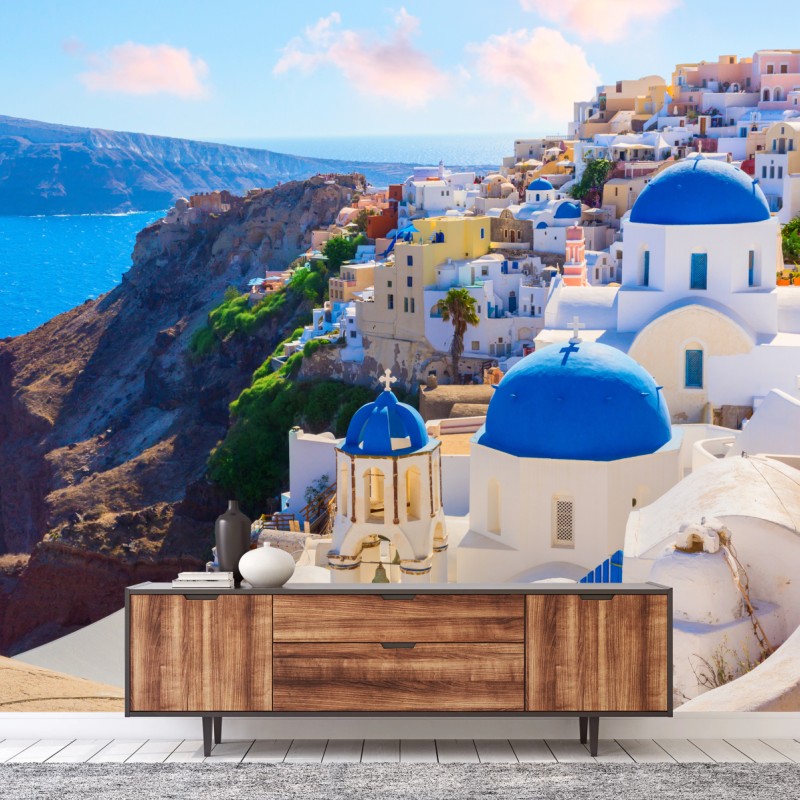 Fototapete Santorini blaue kuppeln und weiße häuser – Wallnifity®