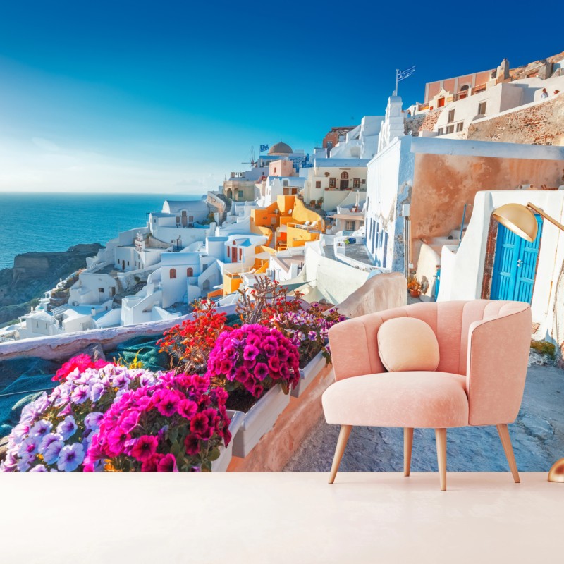 Fototapete sonniges Santorini am klippenrand – Wallnifity®