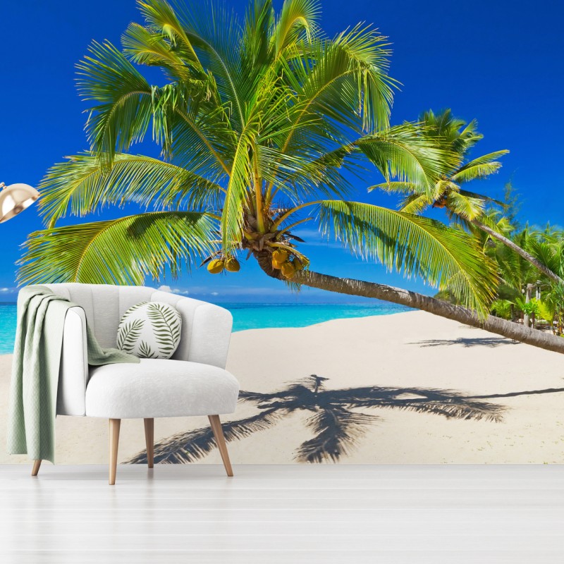 Fototapete Andamansee tropischer strand mit geneigter palme – Wallnifity®