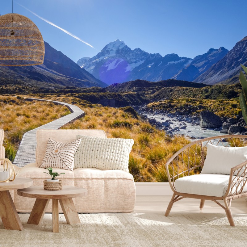 Fototapete holzsteg im Hooker Valley mit blick auf Aoraki Mount Cook – Wallnifity®