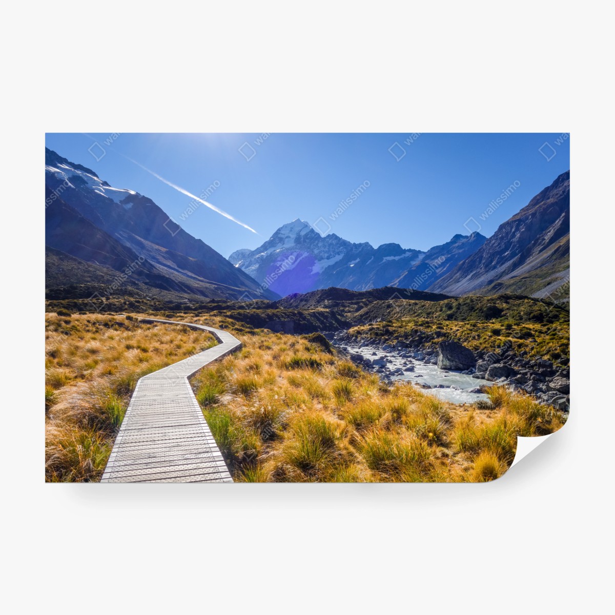 Fototapete holzsteg im Hooker Valley mit blick auf Aoraki Mount Cook – Wallnifity®