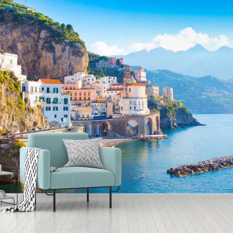 Fototapete sonniges dorf am kliff Amalfiküste – Wallnifity®
