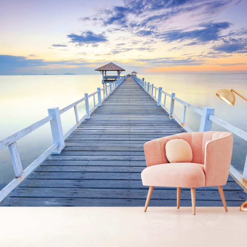 Fototapete ruhiger hölzerner steg bei sonnenuntergang – Wallnifity®