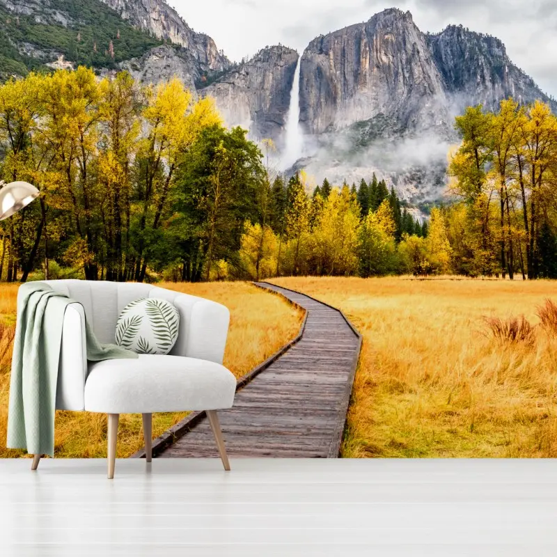 Fototapete herbstlicher steg zum wasserfall