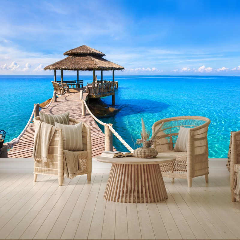 Fototapete tropischer steg über türkisfarbenem meer – Wallnifity®