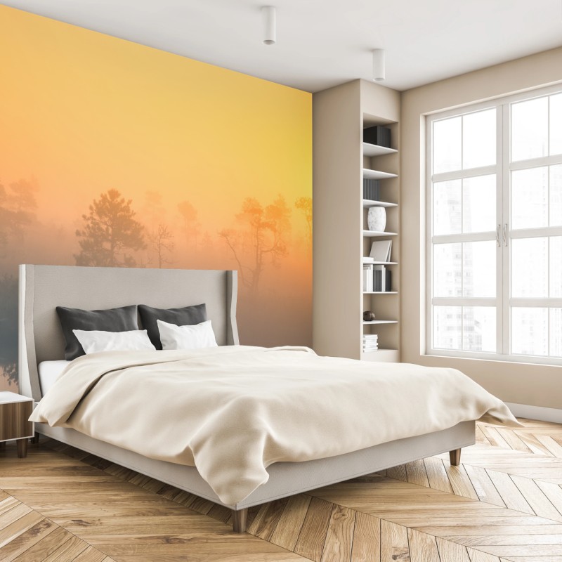 Fototapete träumerischer sonnenaufgang über nebligem moor – Wallnifity®