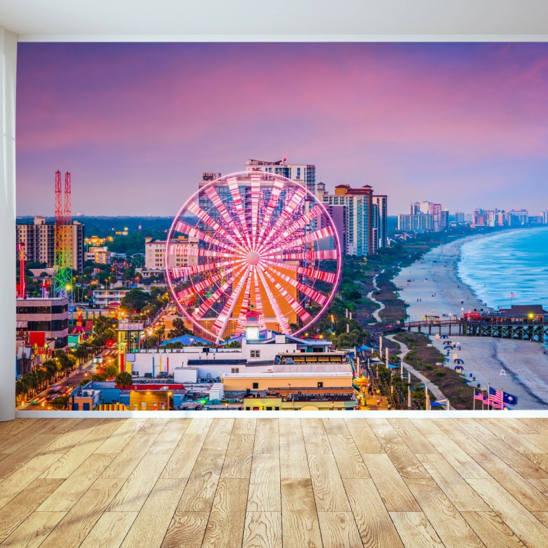 Fototapete Myrtle Beach sonnenuntergang über dem strand mit riesenrad – Wallnifity®