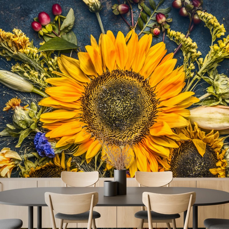 Fototapete herbstlicher sonnenblumenstrauß auf dunklem rustikalem hintergrund – Wallnifity®