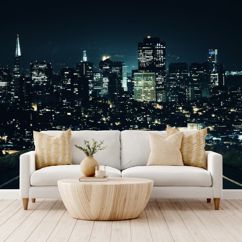 Fototapete straße zur beleuchteten stadtsilhouette bei nacht – Wallnifity®