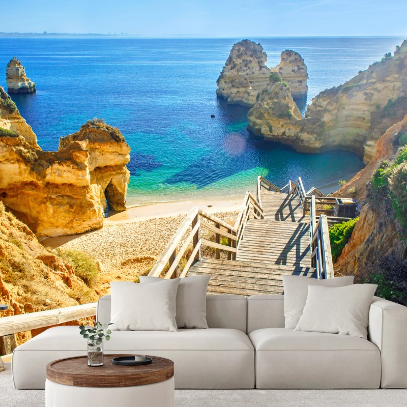 Fototapete sonnige treppe zur türkisfarbenen bucht – Wallnifity®