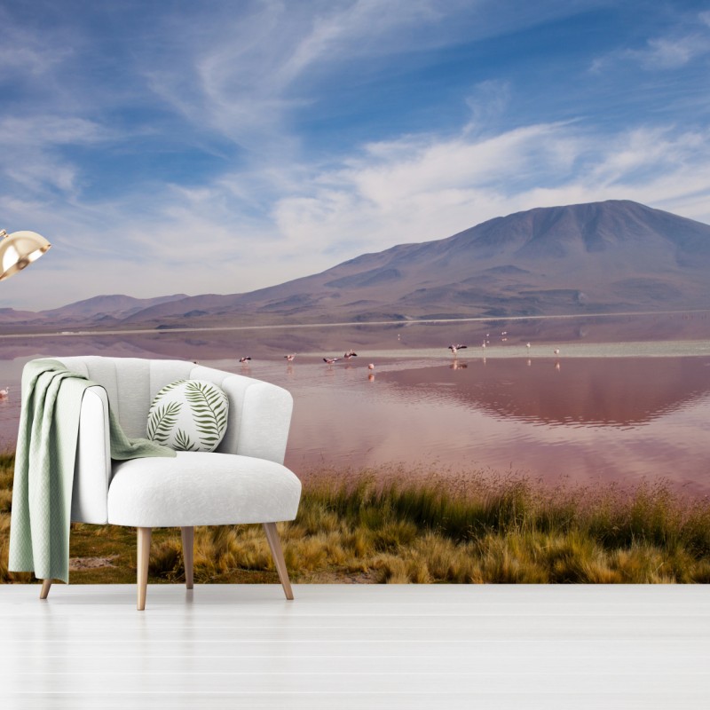 Fototapete rosa lagune mit flamingos und bergspiegelung – Wallnifity®