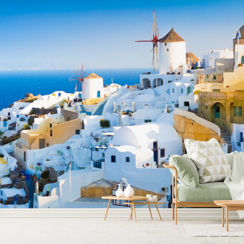 Fototapete sonnenbeschienenes Santorini-dorf am meer – Wallnifity®