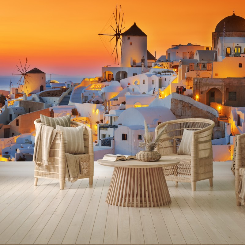 Fototapete goldener sonnenuntergang über Oia, Santorini – Wallnifity®