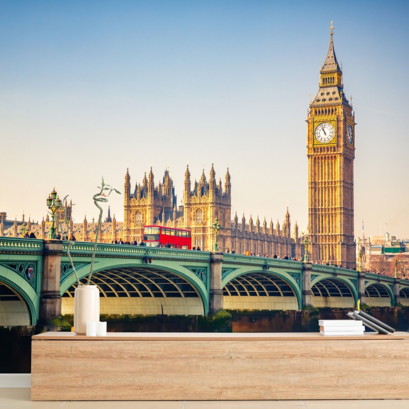 Fototapete sonnige ansicht von Big Ben und Westminster Bridge, London – Wallnifity®
