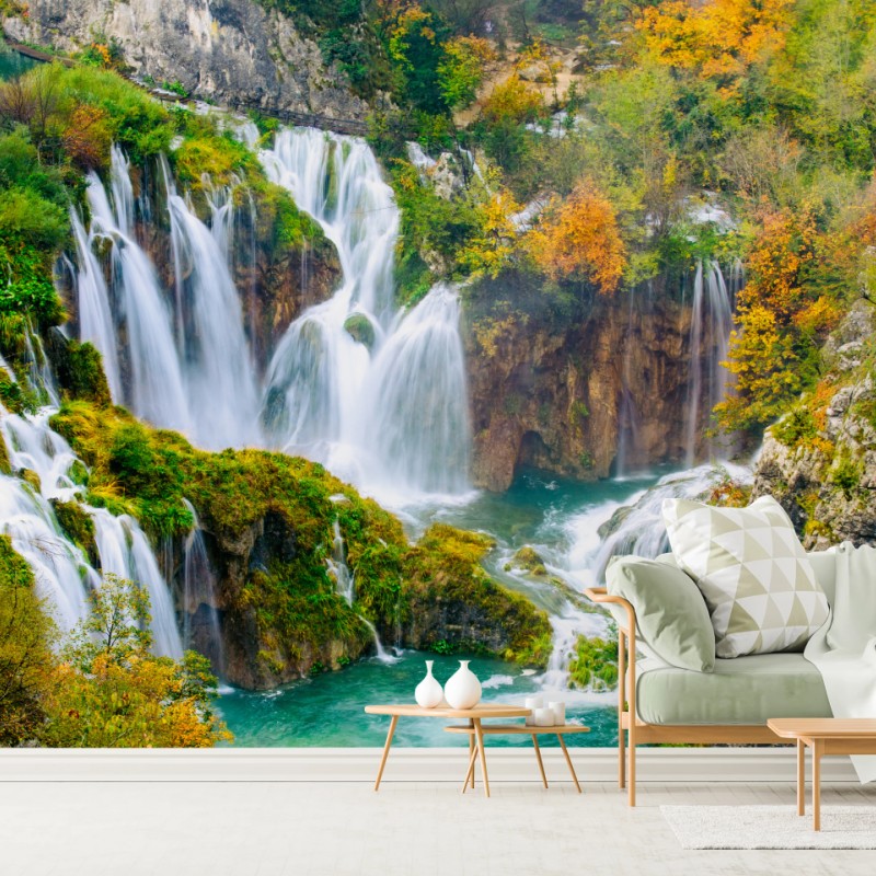 Fototapete türkisfarbener wasserfall im herbst – Wallnifity®