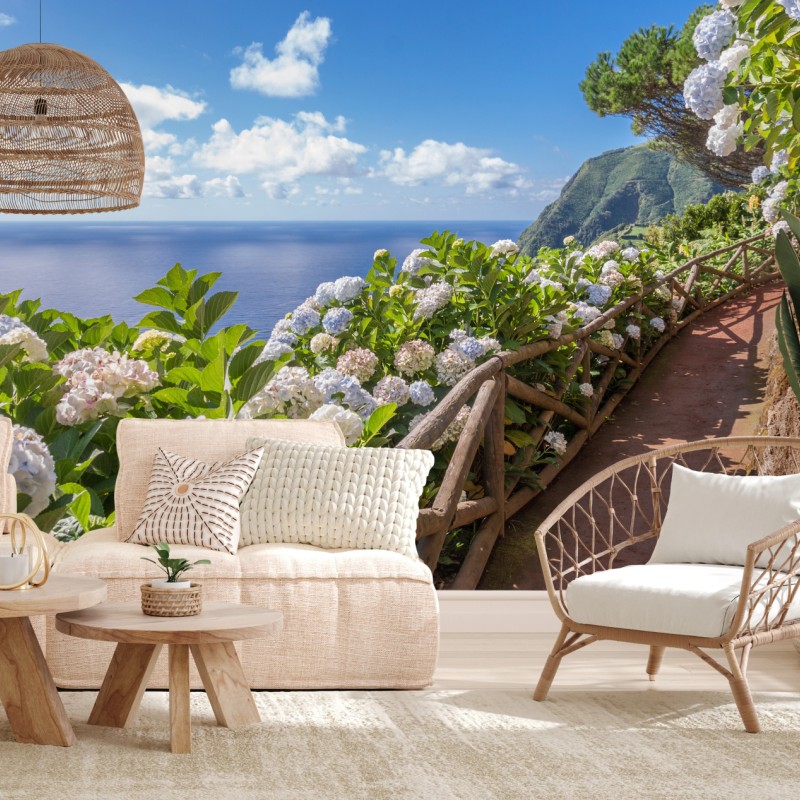 Fototapete küstenweg mit hortensien, São Miguel, Azoren