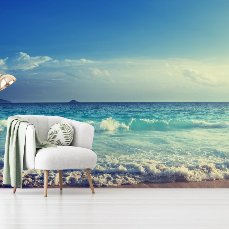 Fototapete strand auf den Seychellen bei sonnenuntergang – Wallnifity®