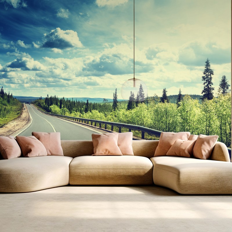 Fototapete sonnenbeschienene waldstraße bis zum horizont – Wallnifity®