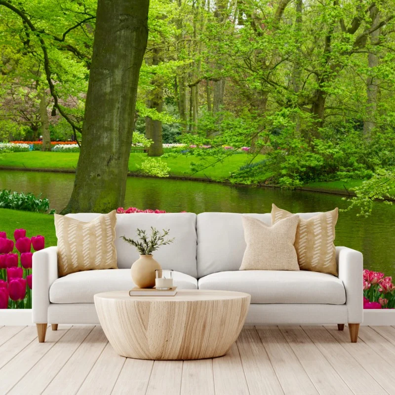 Fototapete frühlings-tulpengarten am kanal