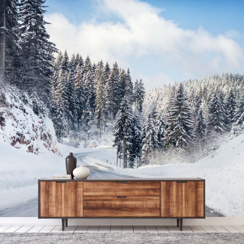 Fototapete winterstraße durch verschneiten nadelwald – Wallnifity®