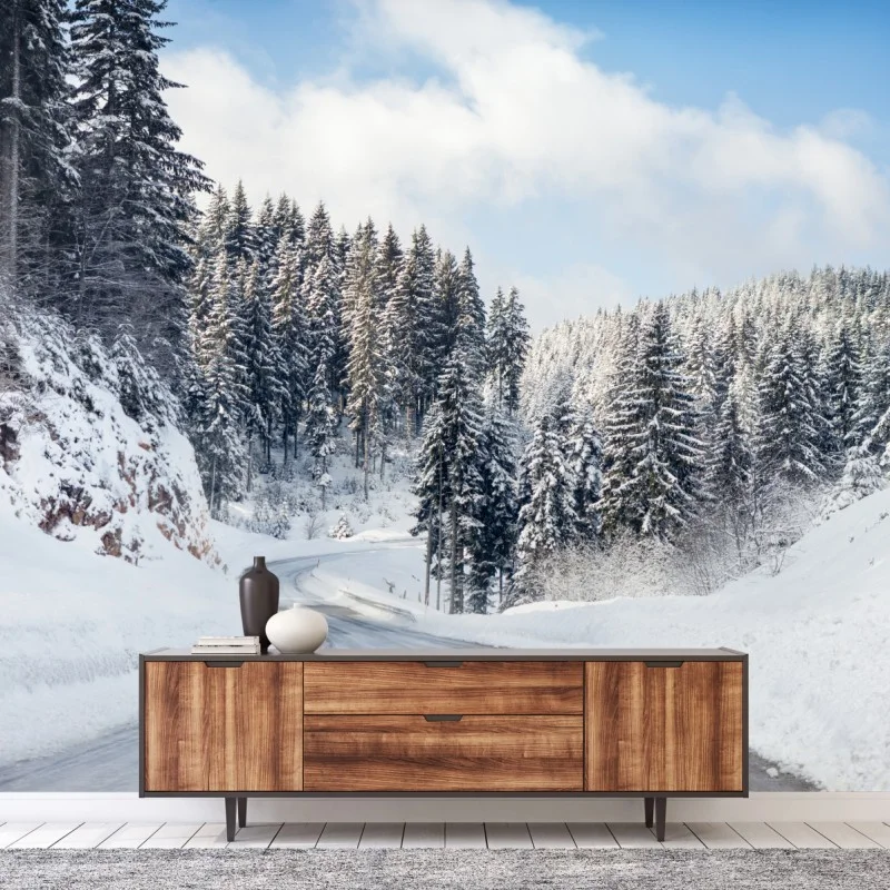 Fototapete winterstraße durch verschneiten nadelwald – Wallnifity® Fototapete winterstraße durch verschneiten nadelwald – Wallnifity®