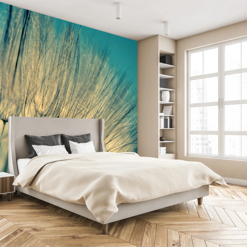 Fototapete zarte löwenzahn-aufnahme in sanftem blau – Wallnifity®