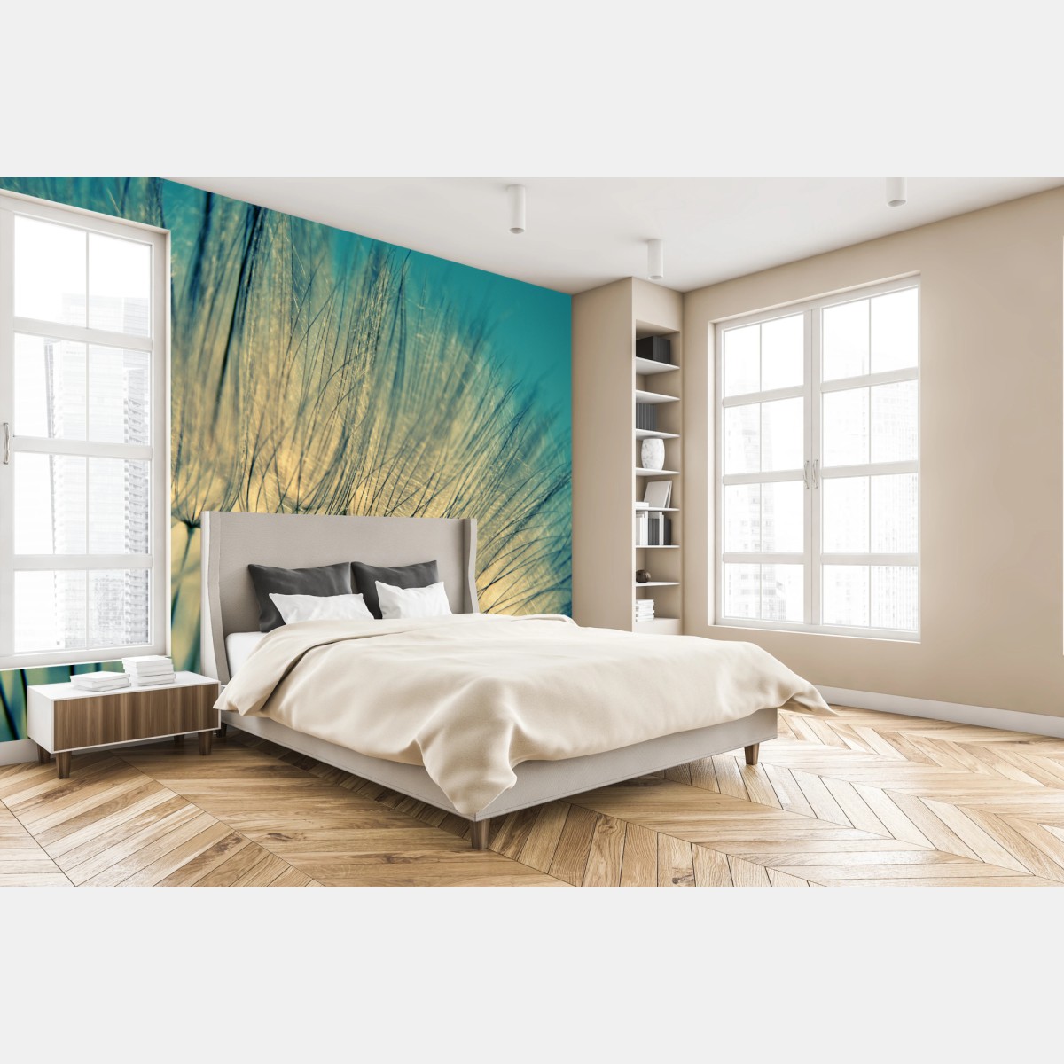 Fototapete zarte löwenzahn-aufnahme in sanftem blau – Wallnifity®