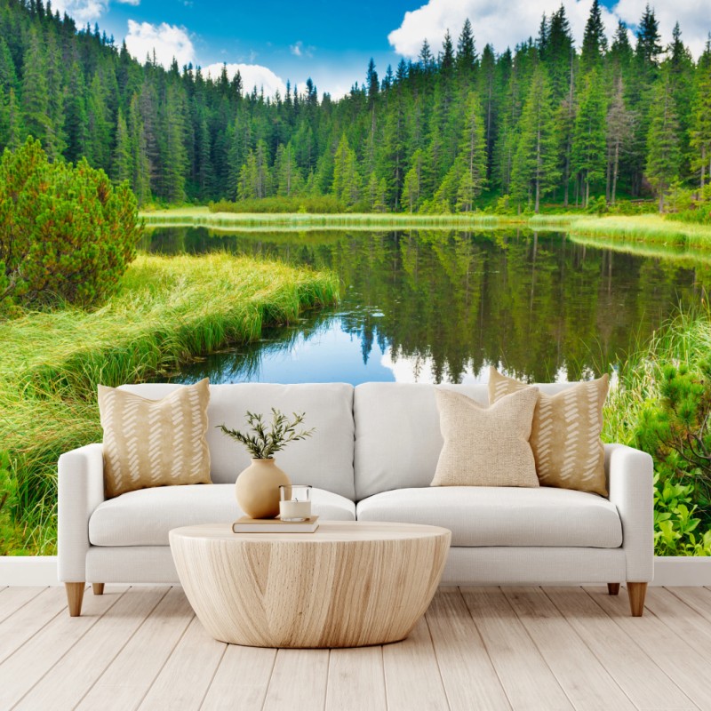 Fototapete ruhiger waldsee mit hölzerner brücke – Wallnifity®