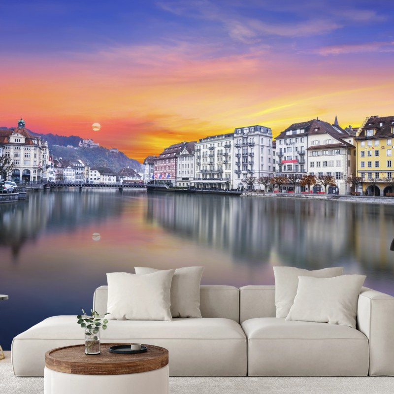 Fototapete Luzern am fluss bei dämmerung – Wallnifity®