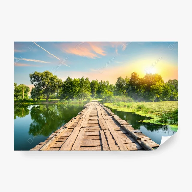 Fototapete sonnige hölzerne brücke über ruhigen see