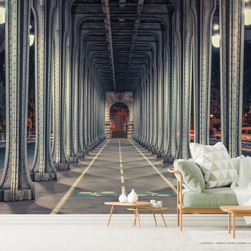 Fototapete symmetrischer stahlkorridor einer brücke bei nacht – Wallnifity®