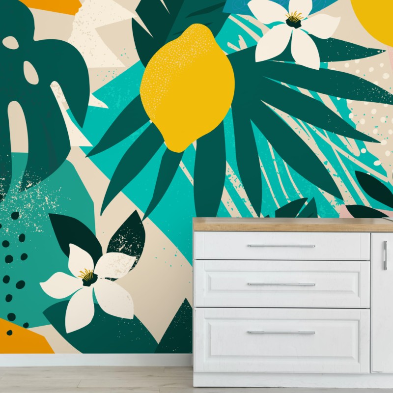 Fototapete tropisches muster mit zitronen und blättern – Wallnifity®