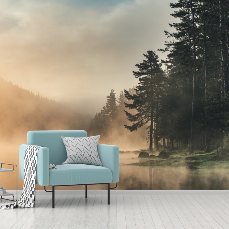 Fototapete nebliger sonnenaufgang über waldsee – Wallnifity®