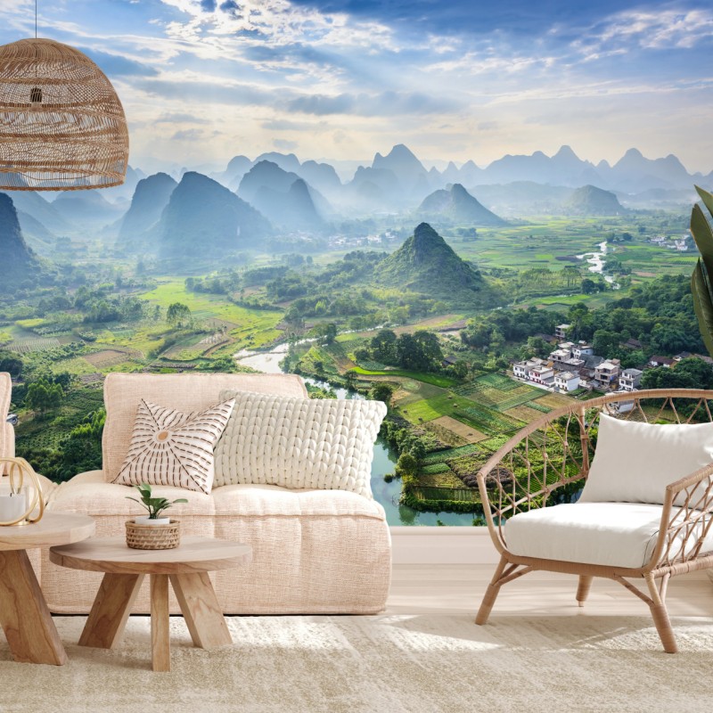 Fototapete nebliges karsttal bei sonnenaufgang – Wallnifity®