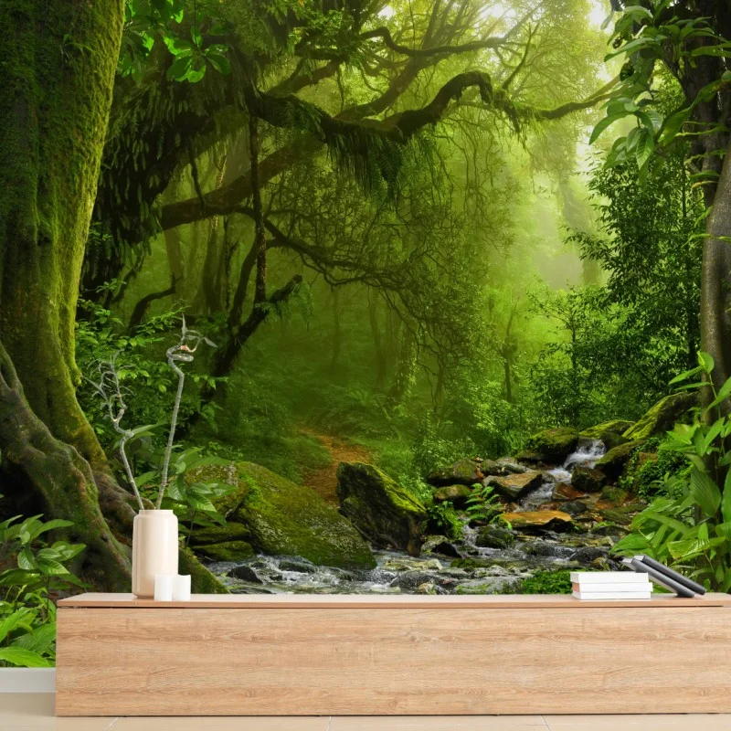 Fototapete verwunschener grüner wald mit bach – Wallnifity®