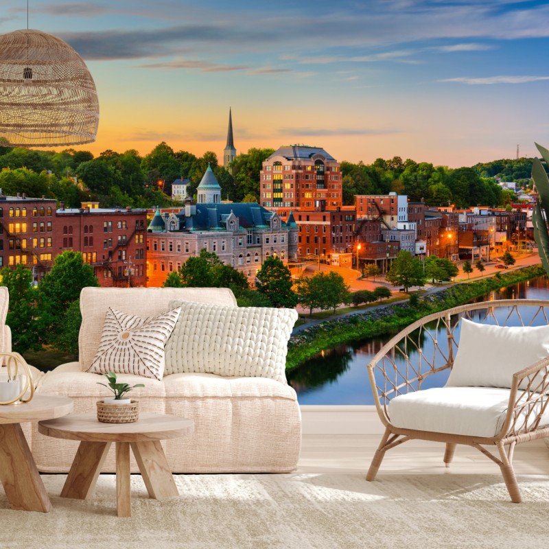 Fototapete Augusta skyline am Kennebec River bei sonnenuntergang – Wallnifity®