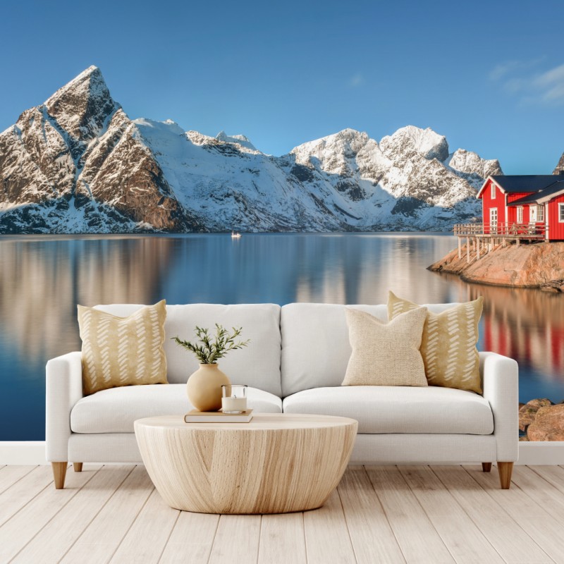 Fototapete ruhiger winterlicher fjord in Reine, Lofoten – Wallnifity®