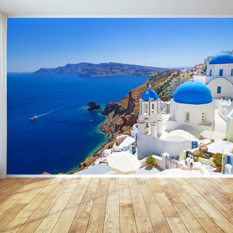 Fototapete Santorini blaue kuppeln über der kaldera – Wallnifity®