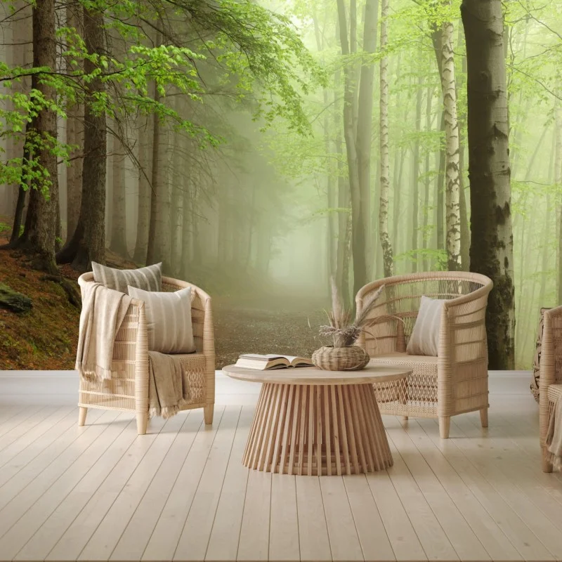 Fototapete nebliger waldpfad – Wallnifity®
