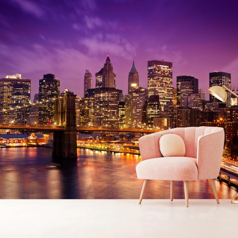 Fototapete violette skyline über leuchtender stadt und brücke – Wallnifity®