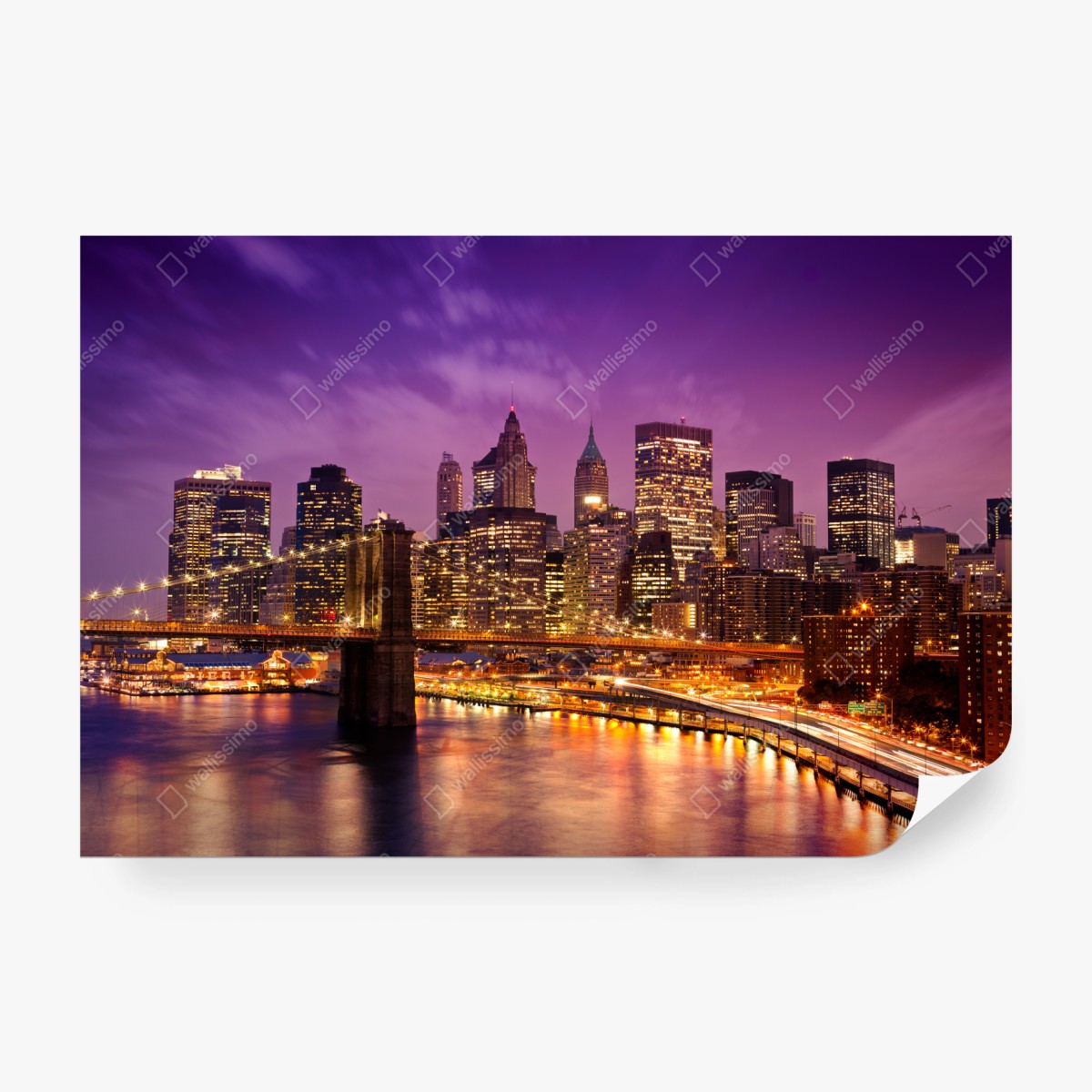 Fototapete violette skyline über leuchtender stadt und brücke – Wallnifity®