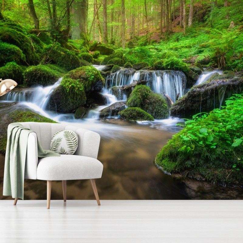 Fototapete ruhiger moosiger waldwasserfall – Wallnifity®