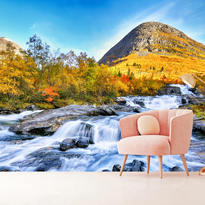 Fototapete goldener herbstwasserfall – Wallnifity®